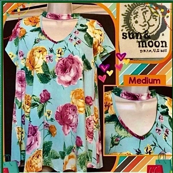 GUC M SUN & MOON M MINT BLUE ROMANTIC FLORAL TOP W V NECKLINE CUTOUT (bust 35") - Picture 6 of 11